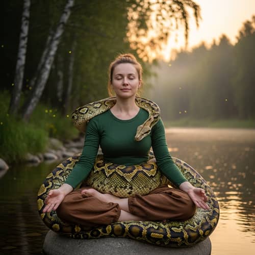 Russian Woman in Lotus Position with Snake - Peaceful Yoga Image