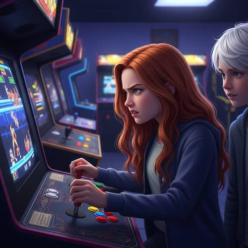 Engrossed Red-Haired Girl & White-Haired Boy Retro Arcade Gaming