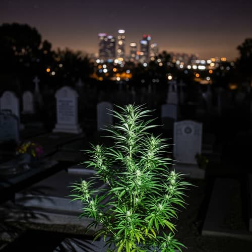 Nocturnal View of Los Angeles Graveyard with Cannabis Plant Nocturnal View of Los Angeles Graveyard with Cannabis Plant