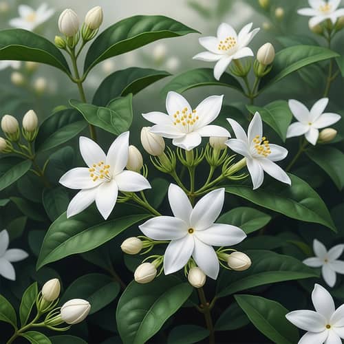 Blooming Jasmine Flowers - Detailed Depiction with Lush Green Leaves