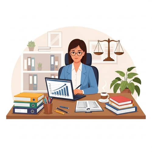Dynamic Bookkeeper Illustration at Organized Desk | Financial Stability
