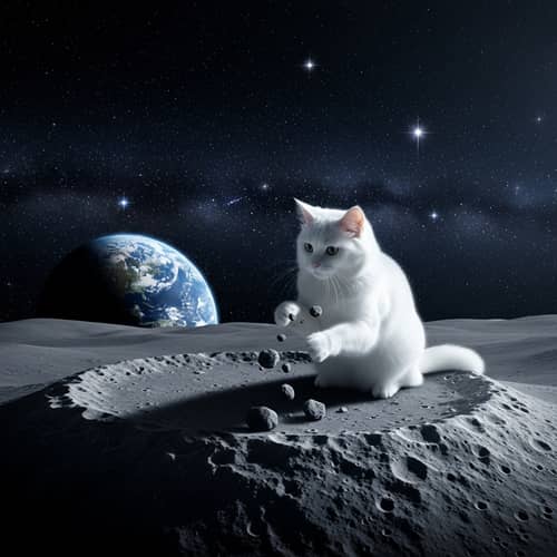 White Fluffy Cat Playing on Moon's Craters | Stunning Lunar Scene