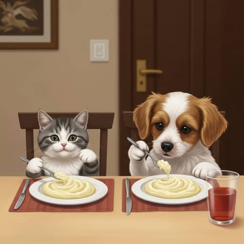 Heartwarming Pet Portrait: Cat & Dog Dining Together