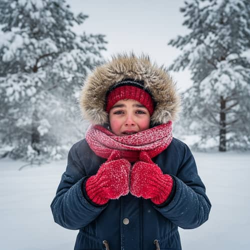 Middle-Eastern Child Shivering in Winter Scene