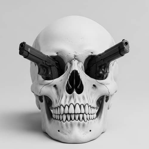Ephemeral Nature of Life: Surreal Skull with Black Handguns