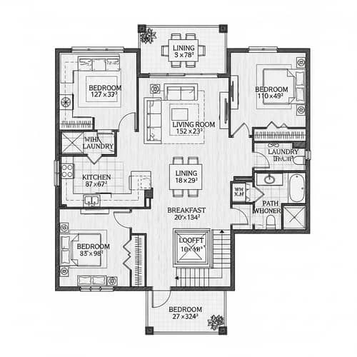 Detailed Floor Plan Design with Kitchen, Living Room, Bedrooms, Bathrooms
