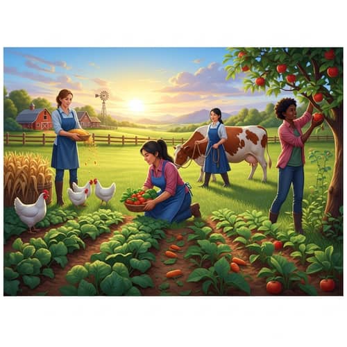 Diverse Women Farming: Corn, Vegetables, Cow, Apples