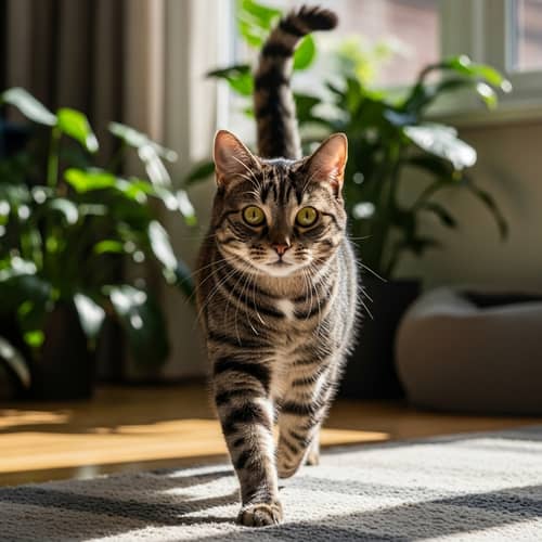 Playful Domestic Feline in Mid-Stride | Indoor Feline Photography