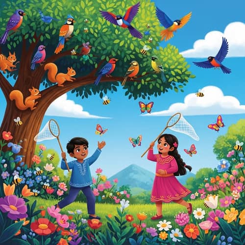 Vibrant Children's Garden Scene with Squirrels, Bees, Birds, and Butterflies