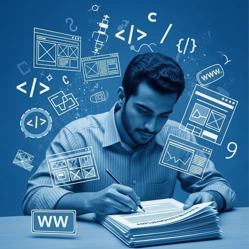 Surrealistic Web Developer Studying English Documentation