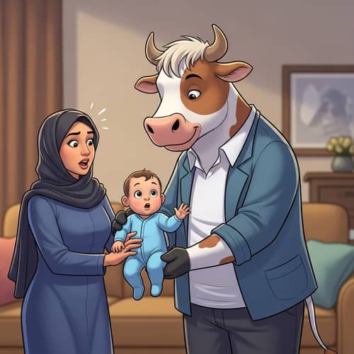 Whimsical Cow Taking Baby - Surprising and Friendly Scene
