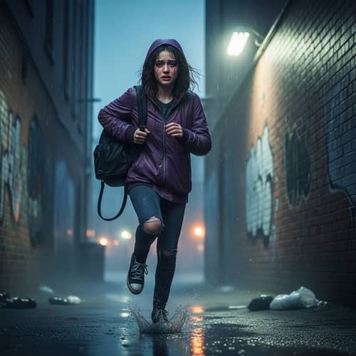 Sorrowful Girl Running in Purple and Black