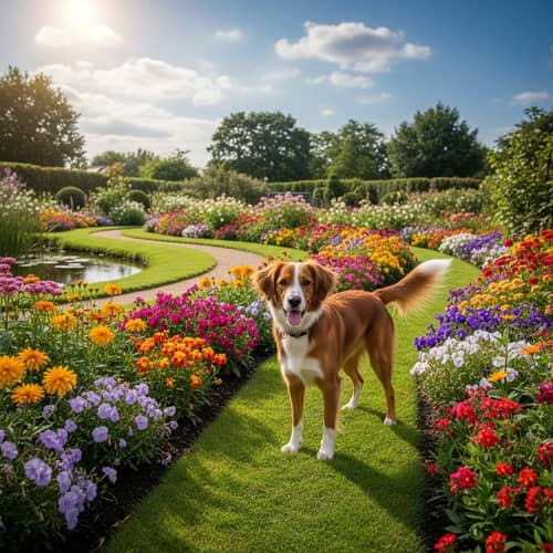 Dog in Beautiful Garden with Flowers - Joyful Scene