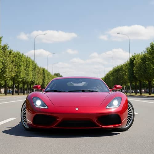 Stylish Red Sports Car | Gleaming in Sunlight on Road
