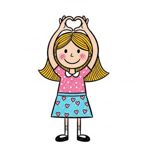 Naive-Style Drawing of a Girl Making Heart Shape