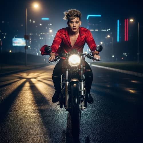Blonde Asian Male Pop Singer Riding Motorcycle at Night