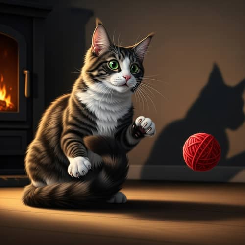 Curious Cat with Shiny Fur and Green Eyes | Observing Yarn Ball