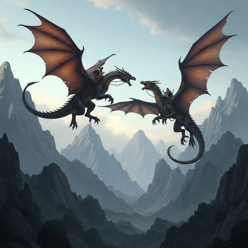 Dramatic Aerial Battle: Dark vs. Light Dragons in Mountain Sky