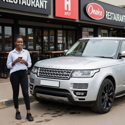 Optimistic Young African Lady with Coffee and Range Rover at Urban Restaurant