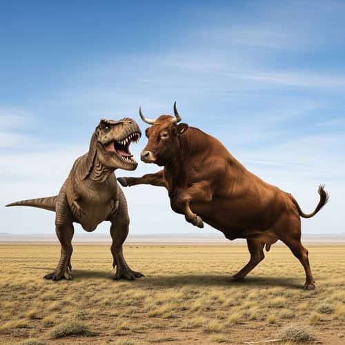 Cow vs. T-Rex: Surreal Clash in Open Plain | Unique Scene