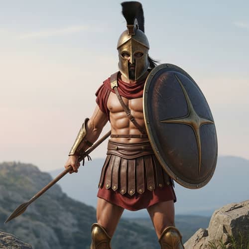 Ancient Greek Spartan Warrior with Spear, Shield & Helmet
