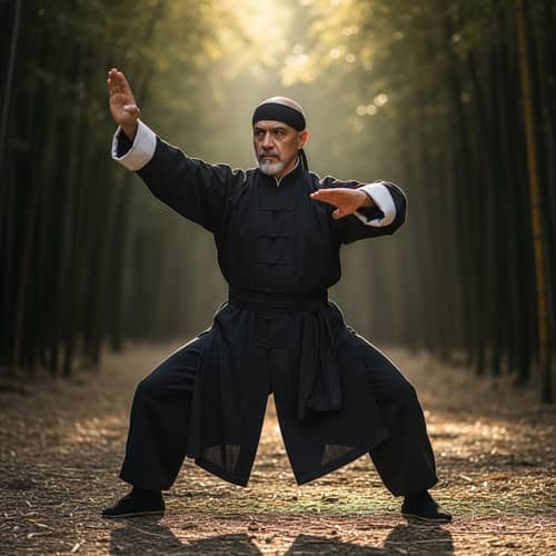 Masterful Middle-Eastern Kungfu Expert in Serene Bamboo Forest
