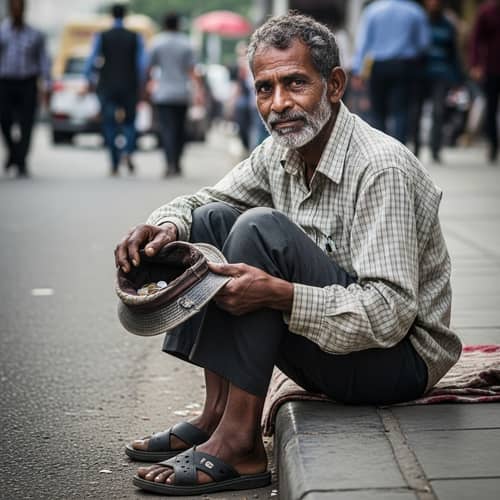 Resilient South Asian Man on City Sidewalk | Street Alms Collector