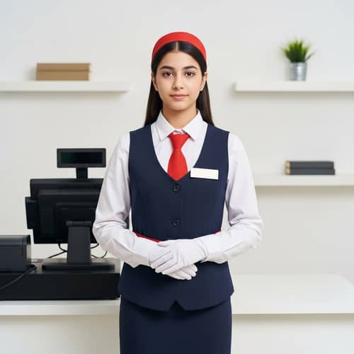 16-Year-Old Middle Eastern Girl in Cashier Attire | Stunning Full-Length Portrait