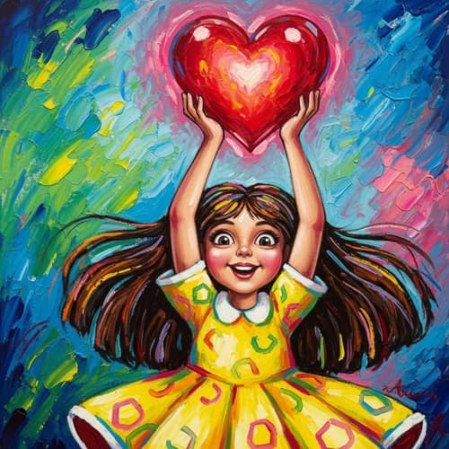 Exaggerated Girl Raising Heart | Vivid Artwork