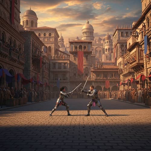 Medieval Sword Combat in Bustling Plaza - Dramatic Display