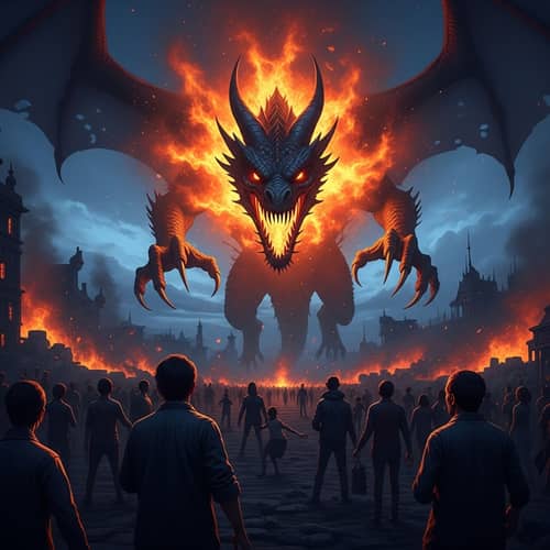 Fiery Dragon Breaking Obsidian Skyline - Horror-Themed Scene