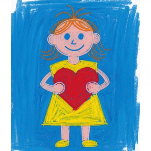 Colorful Drawing of Little Girl with Heart