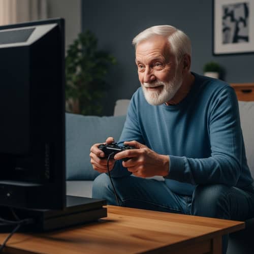 Elderly Man Immersed in Video Game Joy | Gaming Console Scene