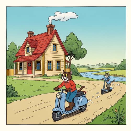 Vintage Cartoon House by River with Cat on Scooter