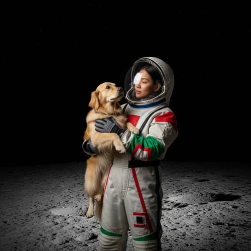 Asian Woman in Multicolored Spacesuit with Golden Retriever on the Moon