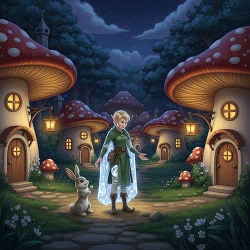 Enchanting Mushroom Village: Mystical Evening Scene with Elf and Bunny