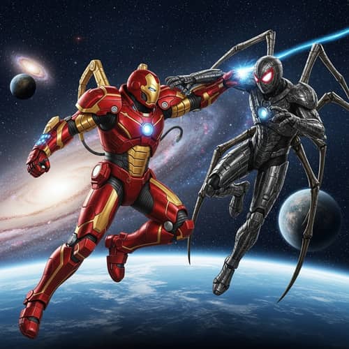 Iron Warrior vs. Webbed Mechanoid: Epic Zero-Gravity Battle in Cosmos