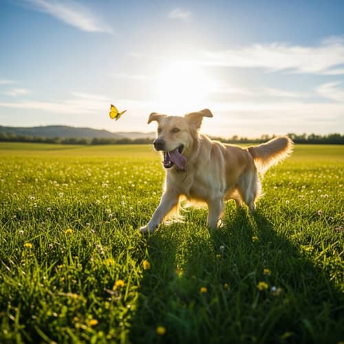Happy Dog Running in Green Field with a Butterfly