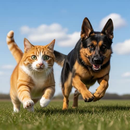 Thrilling Chase: Cat vs Dog in Open Field