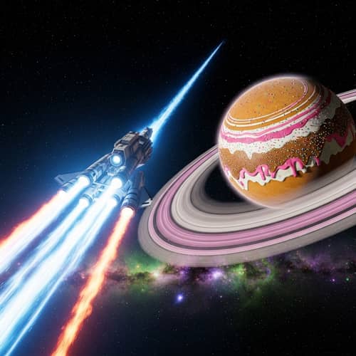 Space Vehicle Approaching Sugary Doughnut Planet | Stellar Exploration