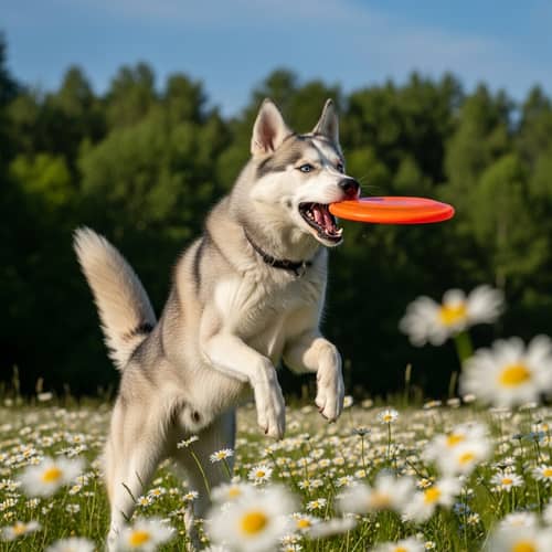 Playful Siberian Husky Enjoying Sunny Day in Field of Daisies