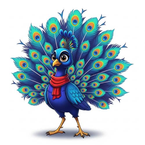 Vibrant Cartoon Peacock: Colorful Feathers, Big Eyes & Red Scarf