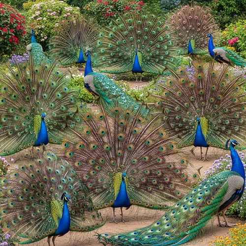 Stunning Peacocks Displaying Multifaceted Colors in Lush Garden