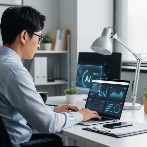 East Asian Businessman Enhancing Operations with AI Software