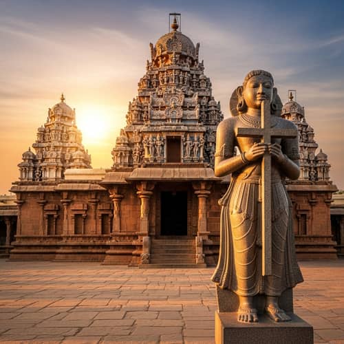 Indian Temple with Ayodhya Architectural Elements and Human Figure Statue