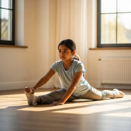 South Asian Girl Practicing Splits in Peaceful Indoor Setting