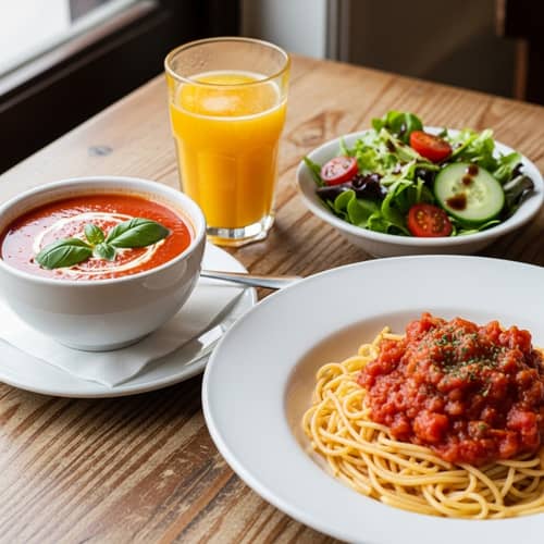 Delicious 10€ Meal: Tomato Soup, Pasta, Salad & Orange Juice