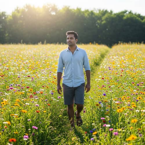 Vibrant Summer Meadow Stroll: South Asian Man | Nature Beauty