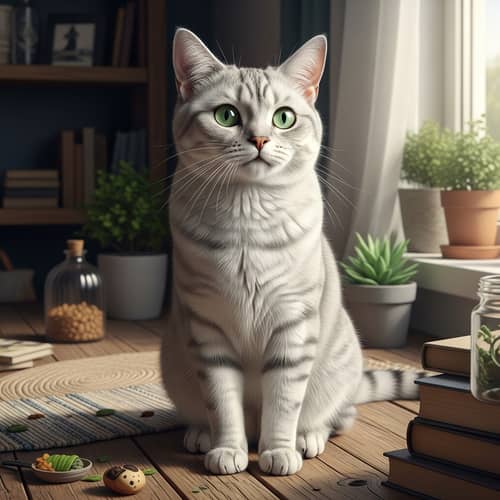 Domestica Breed Feline on Wooden Surface | Fluffy Silver & White Fur