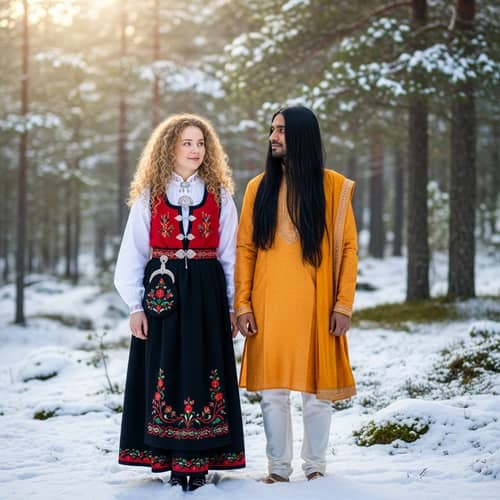 Scandinavian Girl and South Asian Man in Serene Snowscape